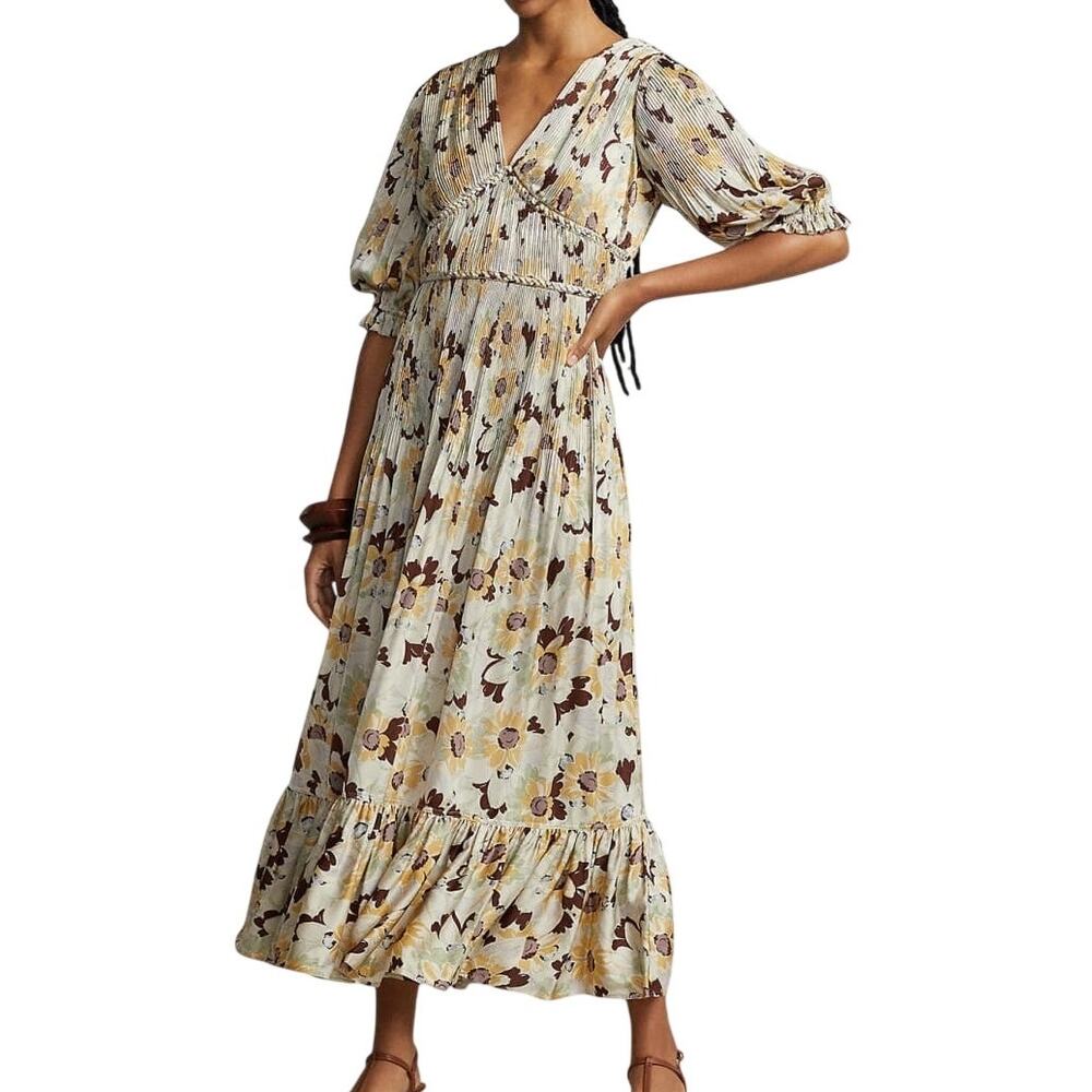 Polo Ralph Lauren V Neck Elbow Sleeve Micro Pleated Floral Satin Midi Dress